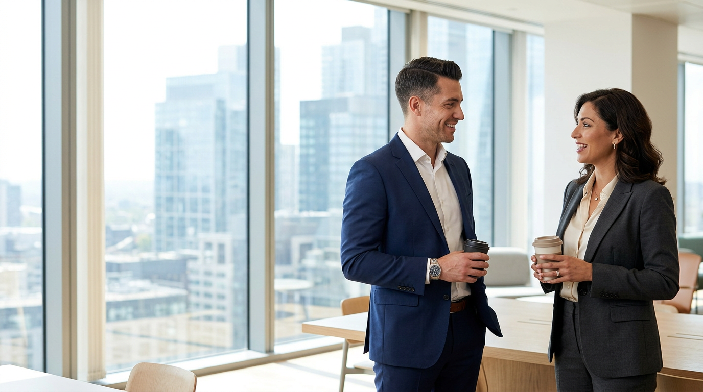 Zwei Business-Professionals im Gespräch in einem modernen Büro